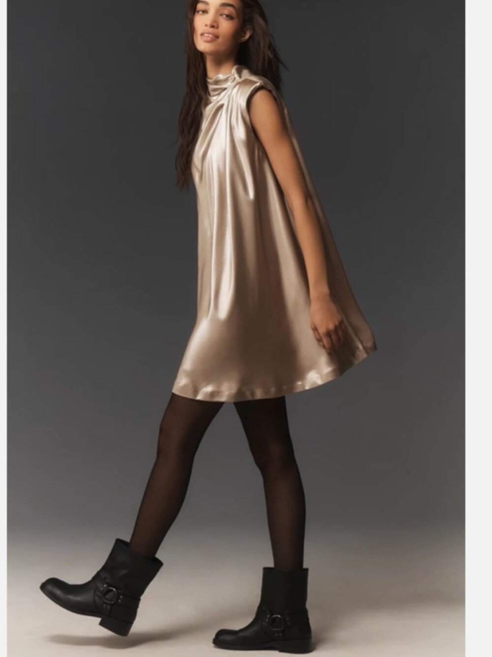 Anthropologie Sleeveless Liquid Shine Mini Dress Gold Metallic SP S Petite NWT